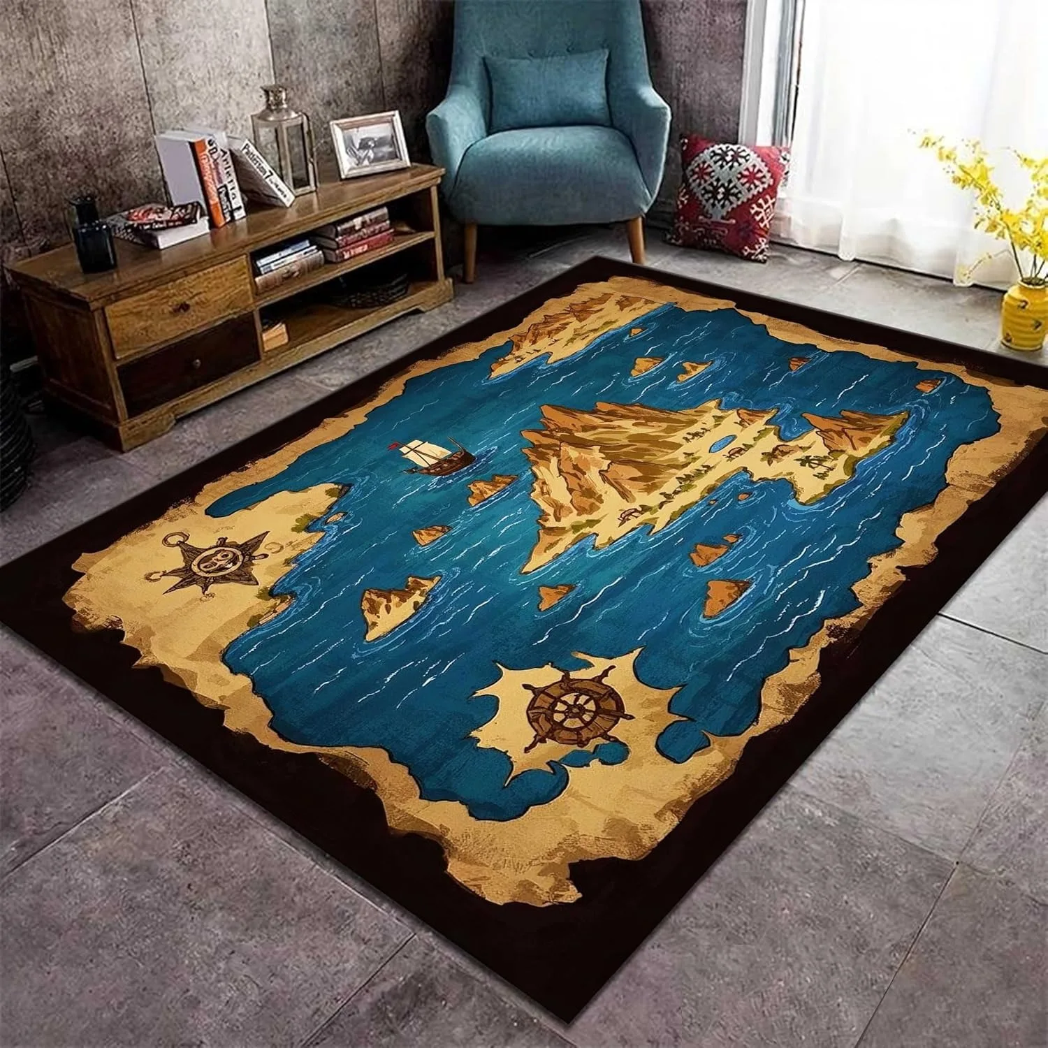 Alfombra náutica de zona costera, alfombra rústica retro de madera para desfile de velero, alfombra antideslizante para sala de estar con tema náutico marrón para dormitorio