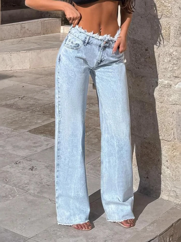 Nischen-Jeans mit Fransen für Damen im Frühling und Herbst, hoch taillierte, schlankmachende, locker sitzende Hose mit weitem Bein, bodenlange Hose