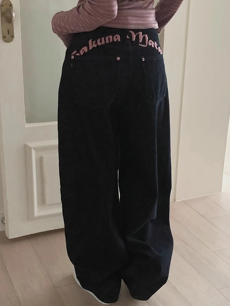 High Waist Embroidered Letter Print Denim Pants Women's Spring New Cool Sexy Long Trousers Casual Wide Leg Jeans