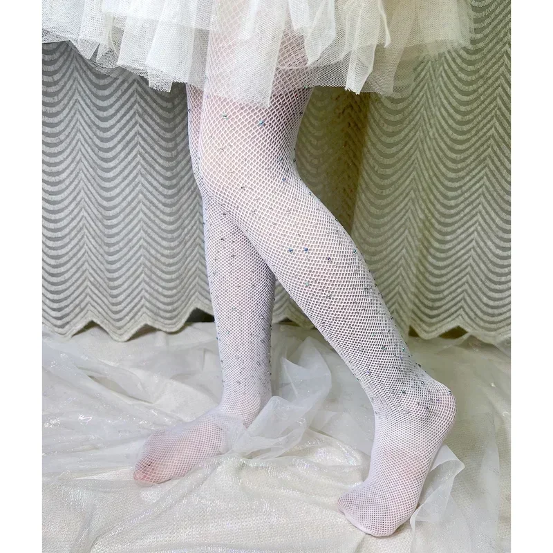 Kids Girls Tights Fashion Fishnet Stockings Hollow Lace Rhinestone Glitter Pantyhose for Children Girl Summer Mesh Baby Socks