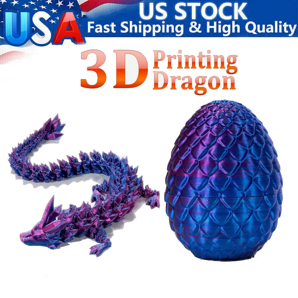 3D Printed Dragon Egg Laser Purple Crystal Articulated Dragon Home Office Decorative Creative Toys Birthdays Gift for Kids