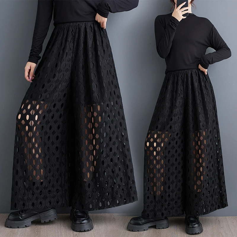 

2025 Spring Summer Black Lace Hollow Out Wide Leg Pants Women New Fashion Tide Versatile Elastic High Waist Casual Long Trouser