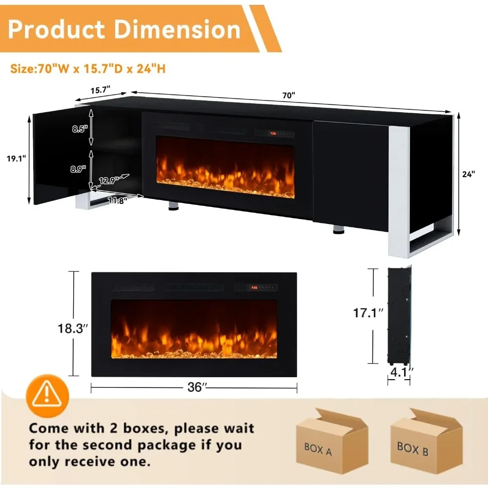 70” Fireplace TV Stand with Fireplace for TVs UP To 80” with Two Hinged Doors, LED Lights & Storage Cabinets, TV Stand