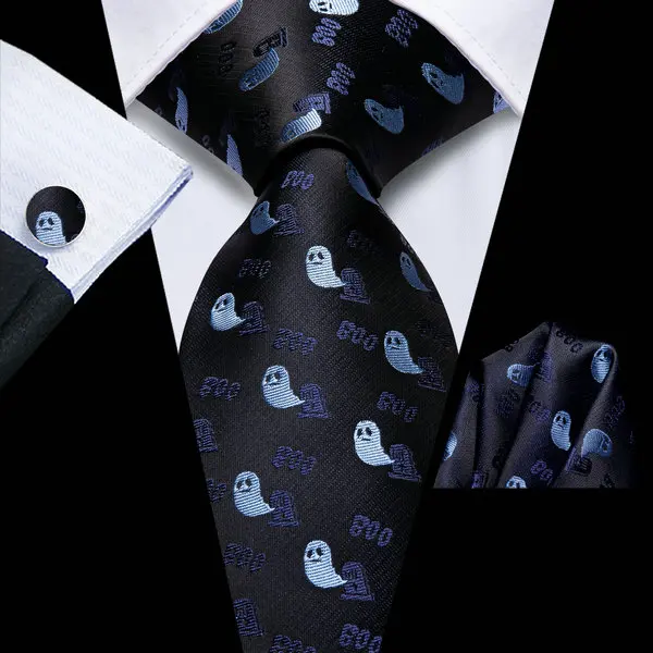 VERVEROW Men Halloween Ghost Series Tie Pocket Square Cufflinks Set Multi‑Pattern Holiday Cosplay Gentleman Kit