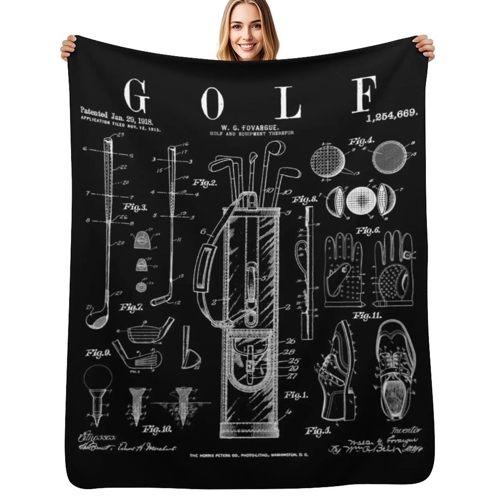 

Golf Club Golfer Old Vintage Patent Drawing Print Throw Blanket wednesday Blankets For Sofas Flannels Blanket