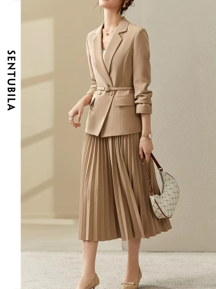 SENTUBILA Women Elegant Blazer Suit Set 2024 Spring Two Piece Outfits Blazer Pleated Skirt Office Business Work Wear 123Z43884X