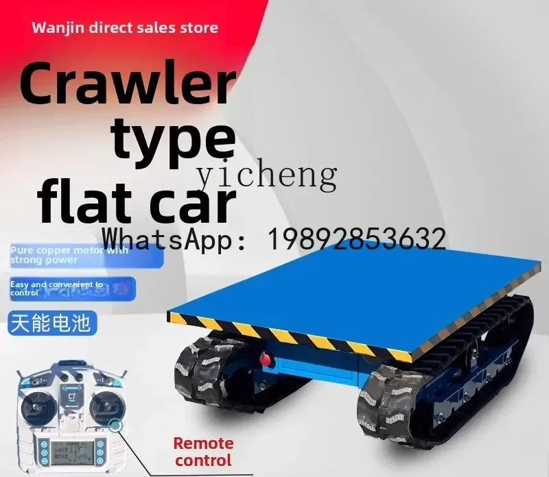 Mały elektryczny wózek gąsienicowy zdalnie sterowany, platformowy, do transportu towarów w szklarniach, wózek do transportu ładunków.