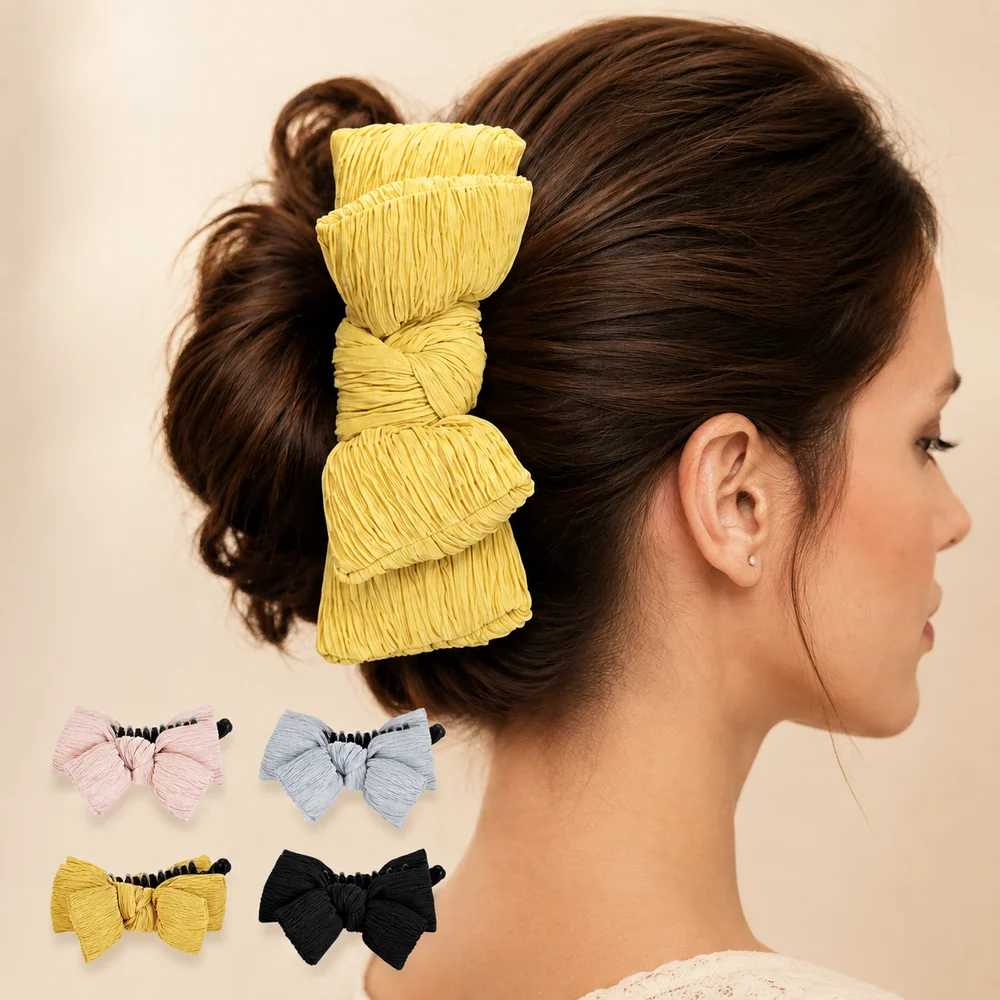 Hair Clip Claw Large - 女性用オーバーサイズプリーツボウヘアクリップ、太い髪にもしっかり固定できるフレンチバレッタ、エレガントなアップヘアアクセサリー