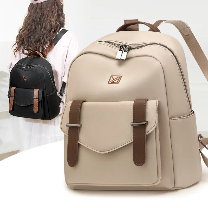 

Retro Women Backpack with Belt Decoration Waterproof Nylon Daypack Flap Pocket Casual Travel Shoulder Bag Ladies Daily Rucksack