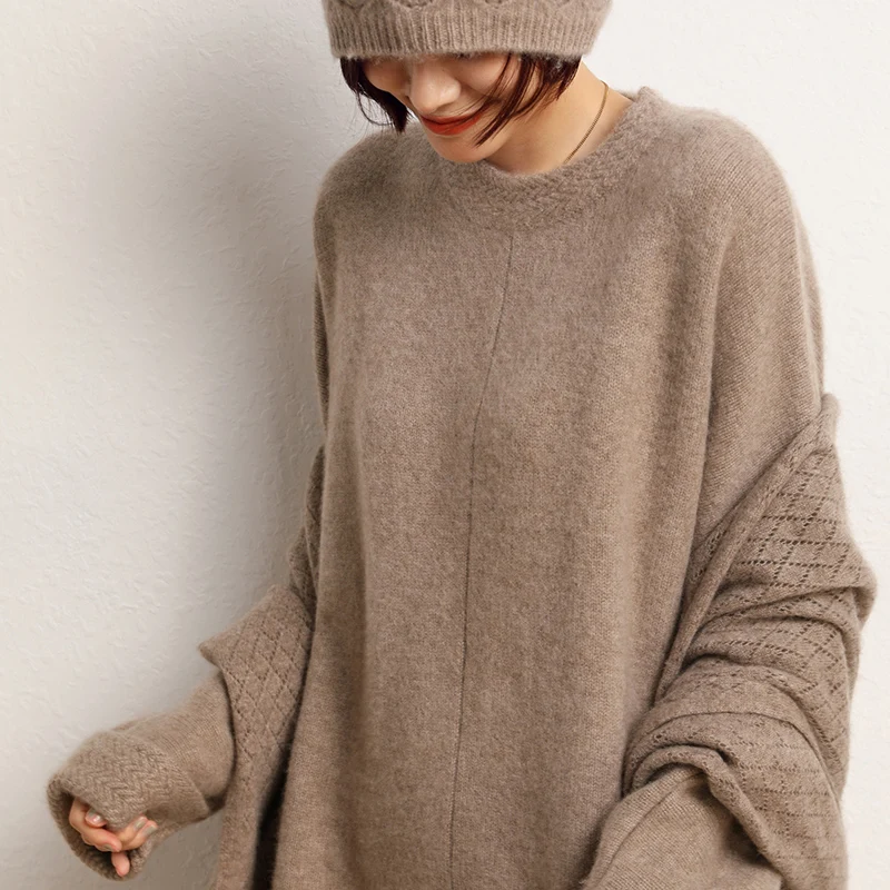 High-end New 100% Cashmere Long Sweater Dress Women Casual Knit Dresses Winter Female Loose Large Size O-Neck Elastic Pullover