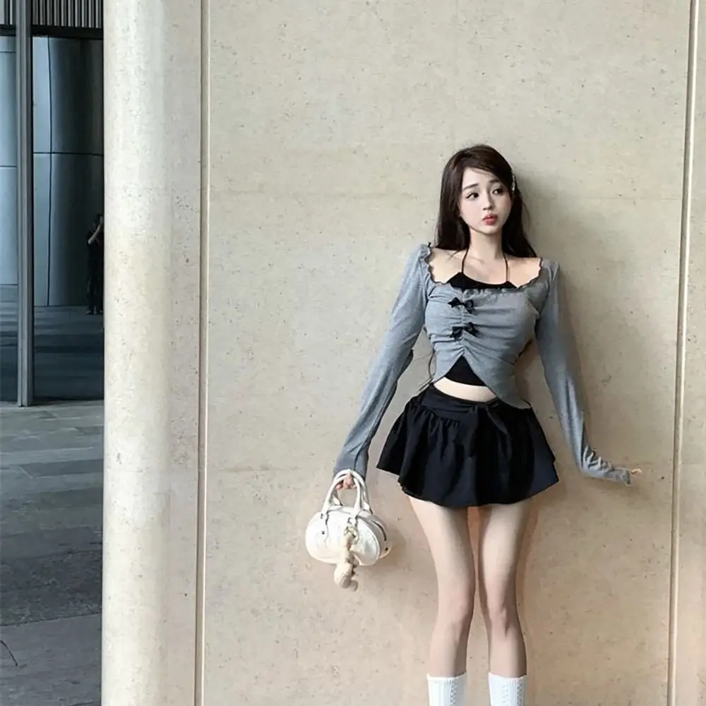 

Two Piece Long sleeves Hot Bow Slim Crop Tops Gray Hanging Neck Blouse Women