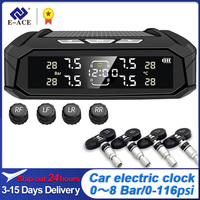 E-ACE Car TPMS Sensor 8 Bar Smart System For Car Truck With Car Electronic Clock Auto Intelligent System Solar Power LCD Display