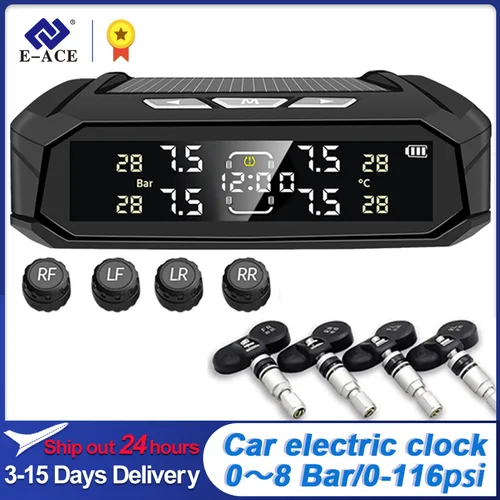Imagen 1 del producto E-ACE Sensor TPMS para coche, sistema inteligente de 8 Bar para coche, camión con reloj electrónico para coche, sistema inteligente automático, pantalla LCD de energía Solar