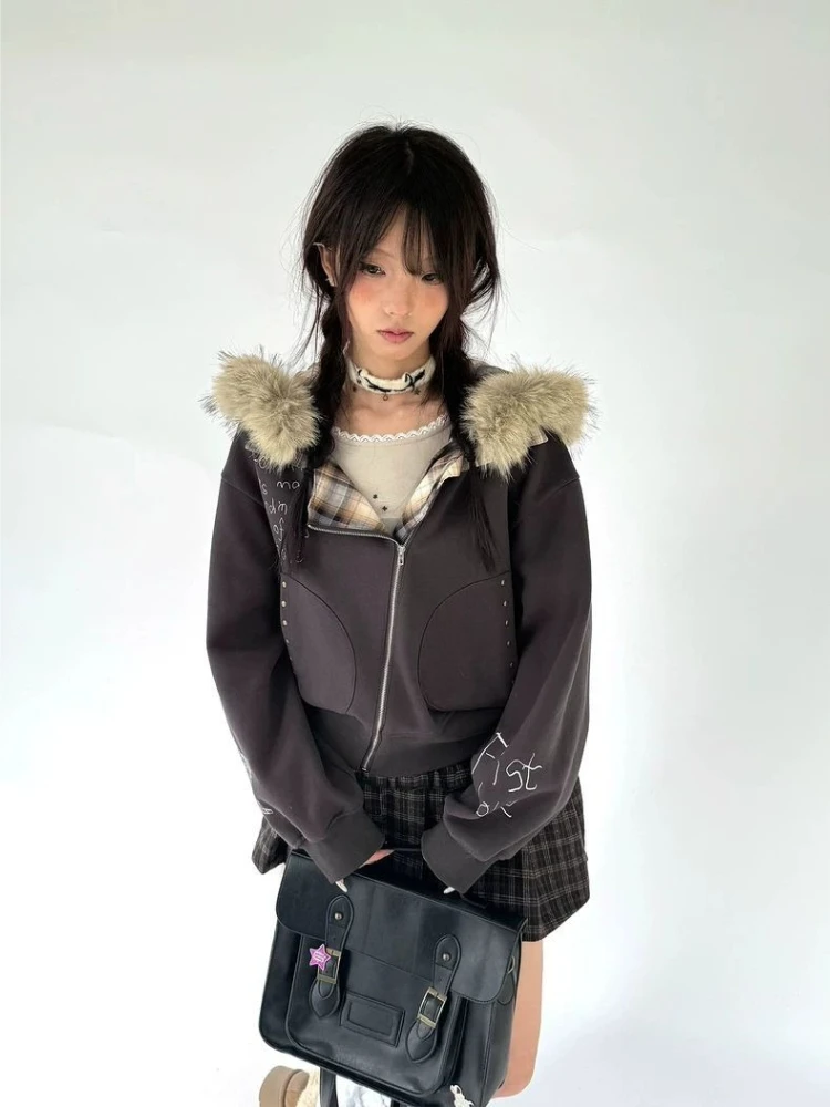 Bluzy z kapturem na zamek Deeptown z kołnierzem z imitacji futra, damskie, vintage, z grafiką liter, w stylu punkowym, moda koreańska, bluzy z kapturem, grunge, dopasowane, codzienne