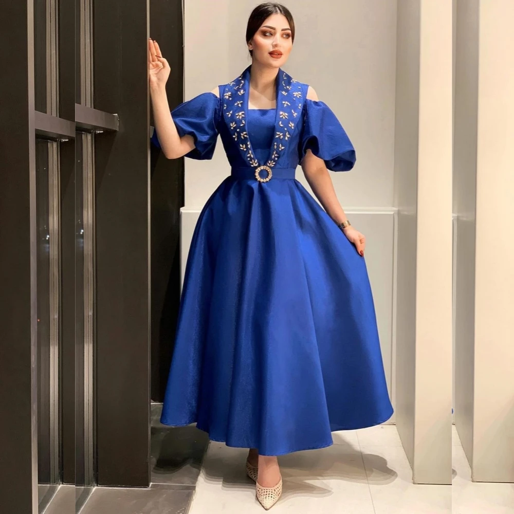 

Customized Evening Satin Sash Rhinestone Engagement A-line Off-the-shoulder Bespoke Occasion Gown Midi Dresses Saudi Arabia