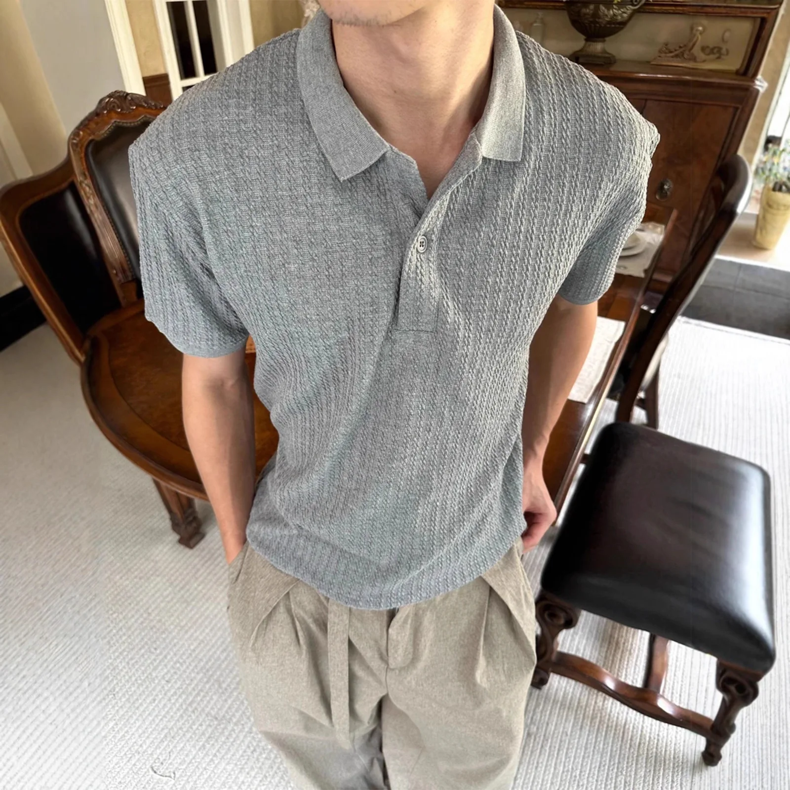 Man Short Sleeve T-shirt 2025 New Men's Henley Collar Short Sleeve Knit Shirt Unisex Retro Cleanfit Lapel Design