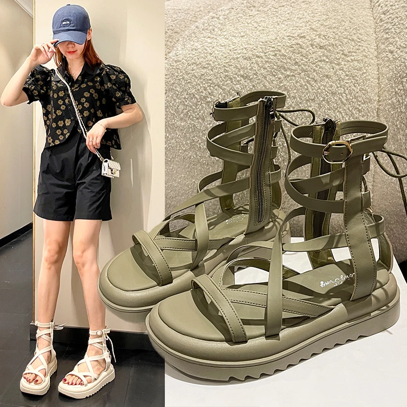 BeauToday Gladiator Sandals Women Cow Leather Platform Shoes Drawstring Side Zipper Closure Summer Ladies Shoes Handmade