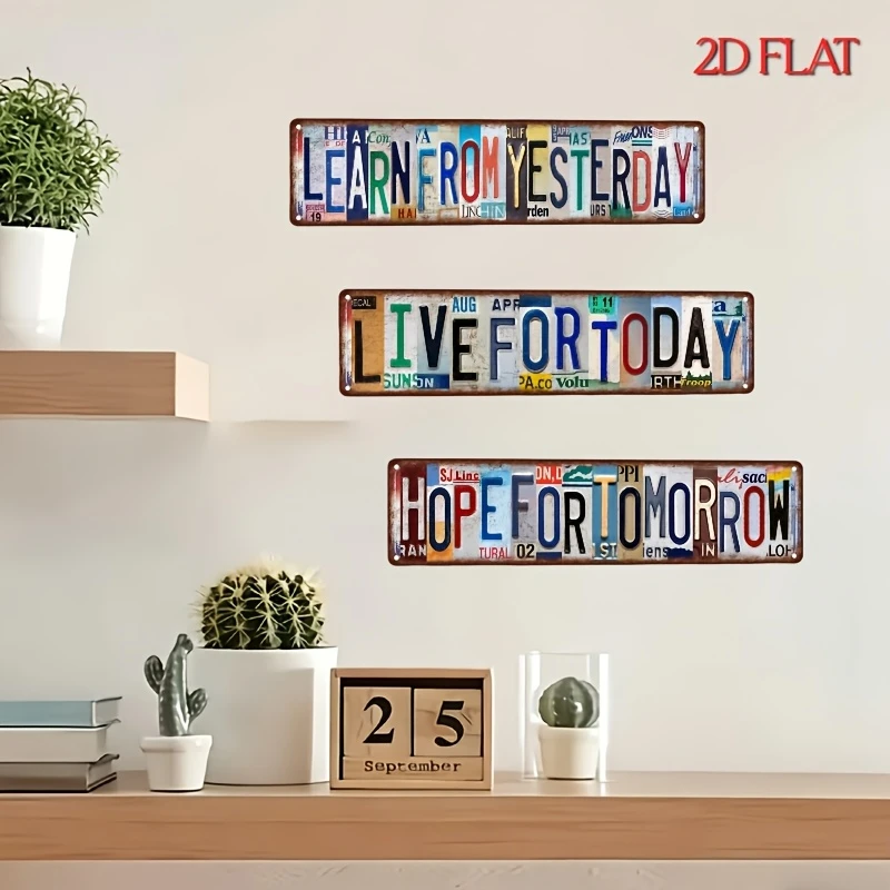 3Pcs Vintage Spliced Color Letter Metal Tin Sign Inspirational Motivational Words Iron Wall Plaque Retro Distressed Rustic Decor