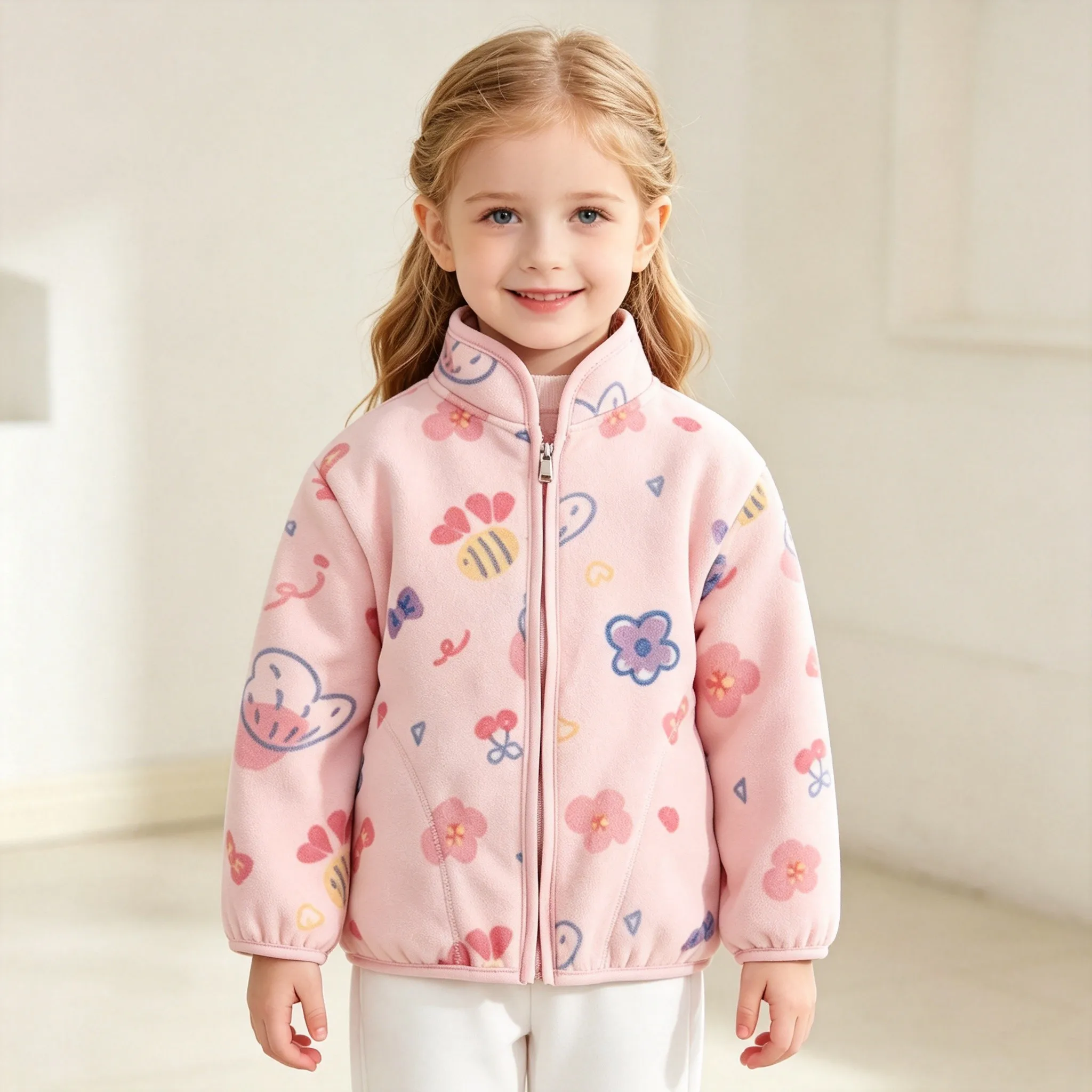 Boys Girls 1‑8Y Kids Polar Fleece Jacket Sherpa Lined Warm Outerwear Cartoon Animal Stand Collar Zipper Toddler Casual Coat