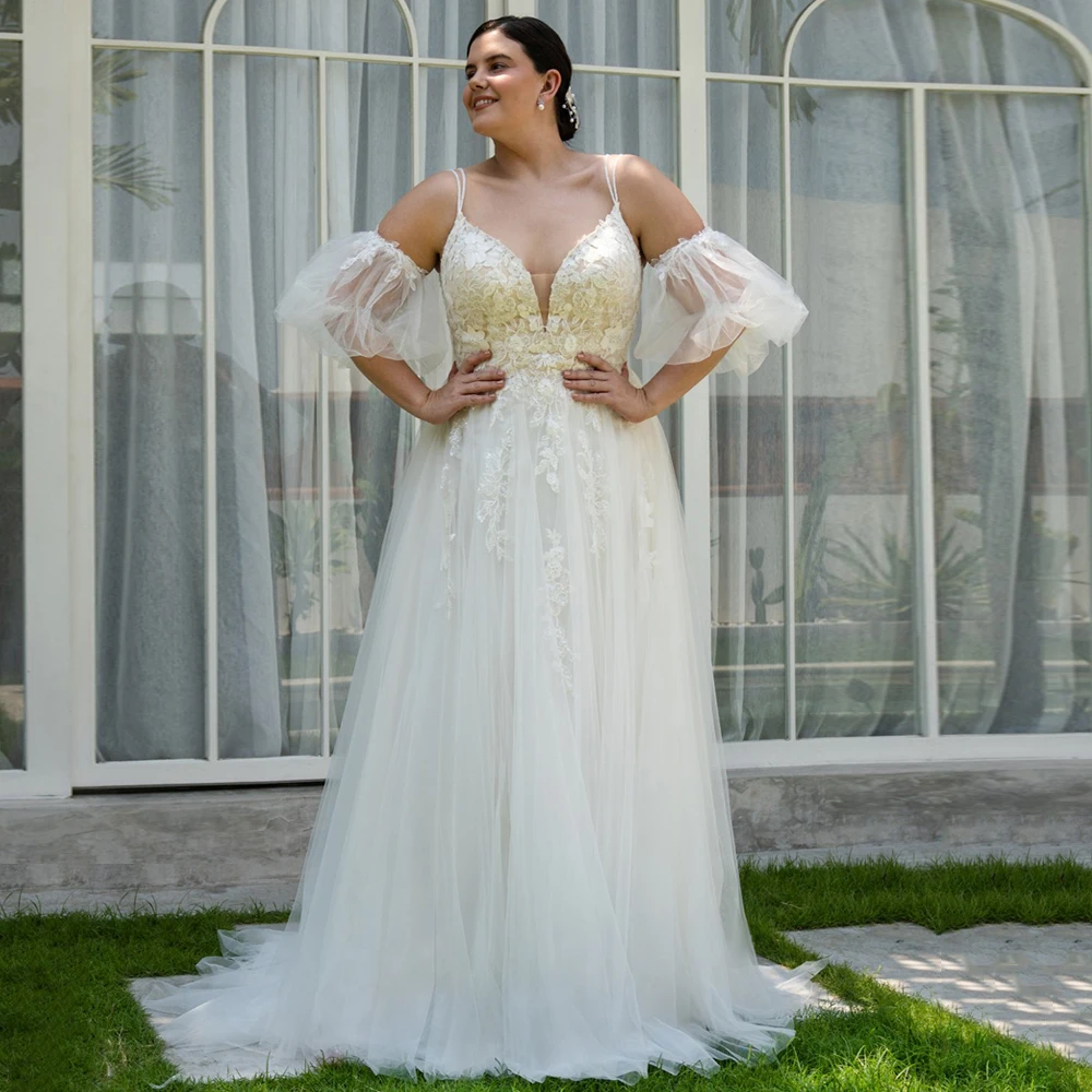 Romantic Wedding Dress Plus Size Customized Detachable Off Shoulder V Neck Sweep Train Back Zipper Bridal Gown for Bride