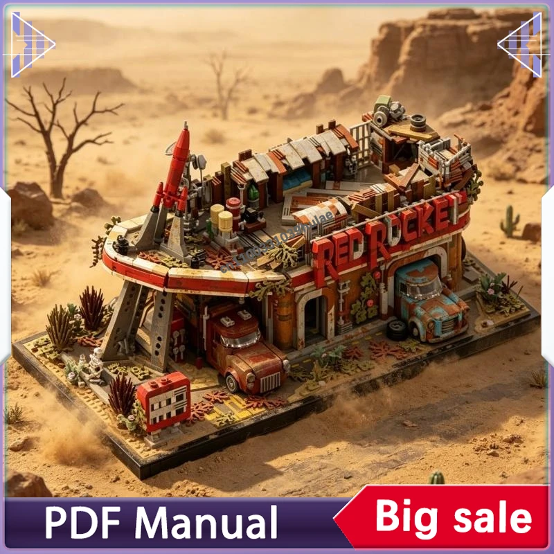 

Red Rocket Gas Station MOC Wasteland Fuel Station Bricks Retro Abandoned Gas Stop Display Model Adult Collection Gift