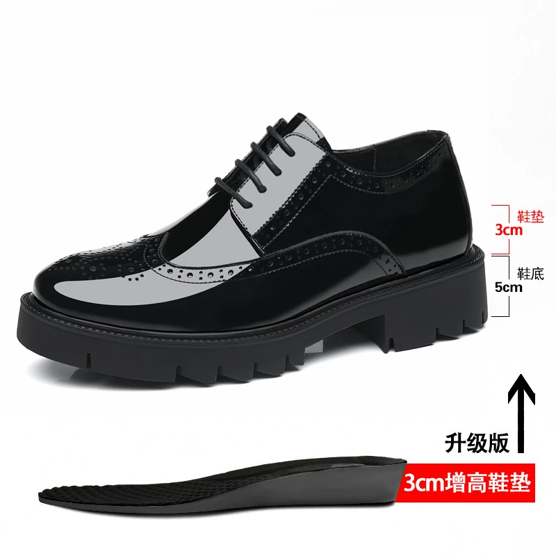 

Mens Black Patent Leather Brogue Dress Shoes With Thick Lug Sole Platform Block Heel Formal Business Wedding Party Shoes