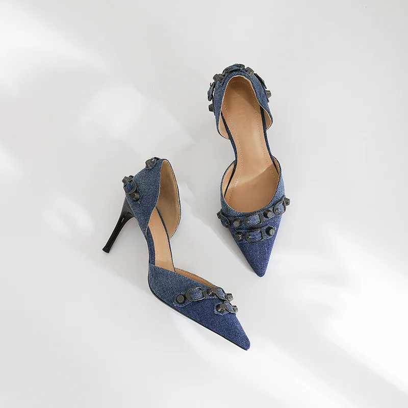 Women Denim Belt Buckle High Heels Korean Fashion Black Sexy Pumps Sandals Pointed Stiletto Thin Heels Party Dress Casual Shoes