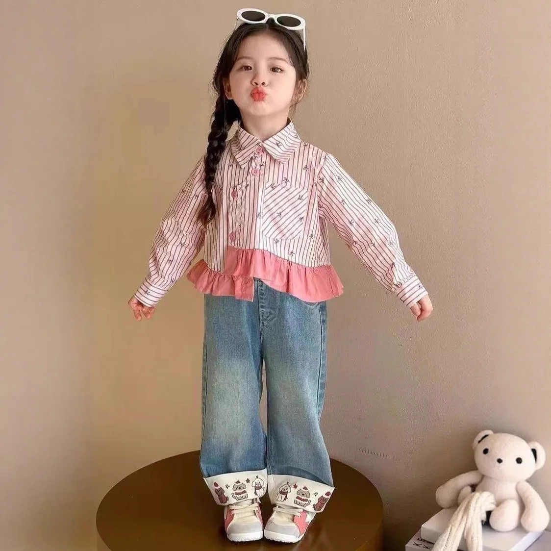 2026 Spring Autumn 3-12Y Girls 2 Piece Set, Striped Print Long Sleeve Shirt & Cartoon Denim Pants for 100-150cm