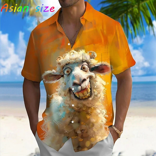 Fashion Funny Cartoon Animals Hawaiian Shirt For Men Goat Monkey Graphic Hawaiian Shirts Short Sleeve Button Down Shirt Camisa