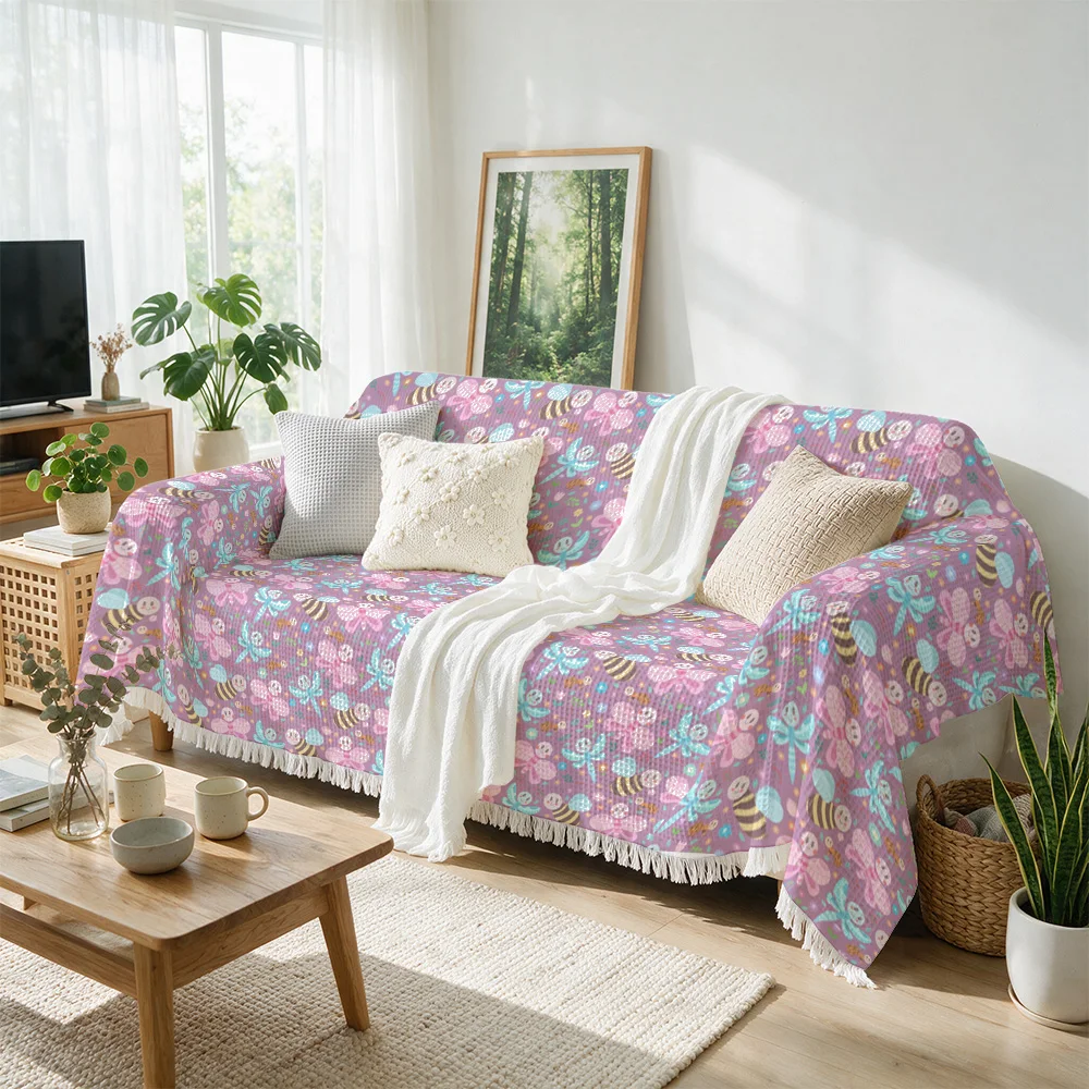 Decorative Floral Bee Print Throw Blanket for Sofa Couch Seating Area Living Room Home Decor Cozy Summer Picnic Style