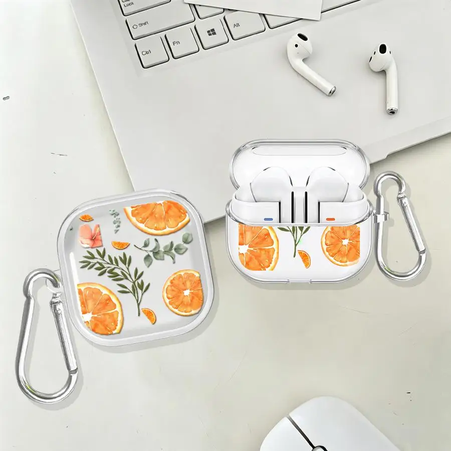 Case For Samsung Galaxy Buds 3Pro Live 4Pro 2Pro 4 Pro 2 3 FE Clear Earphone Cases Cover With Hook Orange Slice And Leaf Print