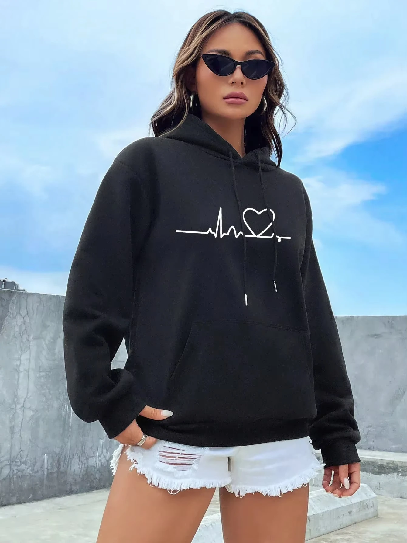 

2025 Women Casual Print Loose Hoodies Spring Long Sleeve Hooded Sweatshirt Harajuku Simple Tops Lazy Style Pullover Streetwear