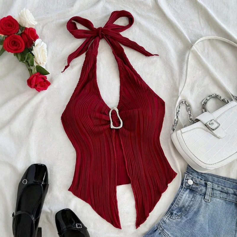 Top Halter de punto con textura elegante para mujer, Top Sexy con cordones y cuello profundo con decoración de botones plateados, Top Sexy con espalda descubierta para discoteca