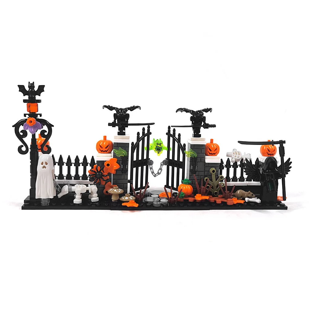 Halloween MOC Cemetery Scene Building Blocks Pumpkin Skull Ghost Death Reaper Spirit Creative Bricks Toys Compatible With LEGO