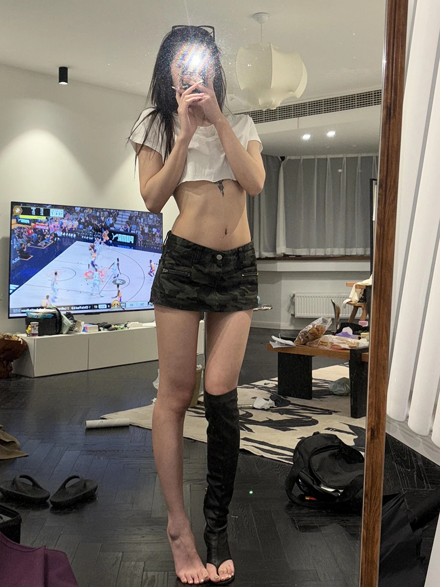 ReddaChic Y2k المرأة التمويه جان Skorts الدنيم سستة منخفضة الخصر ألف خط الدنيم تنورة السراويل 2 في 1 خمر الصيف الشارع الشهير #3