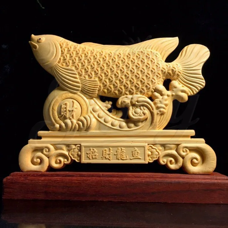 

Boxwood Carving Fortune Dragon Fish Decoration Desktop Living Room Decoration Gift Collection Solid Wood Craft with Base