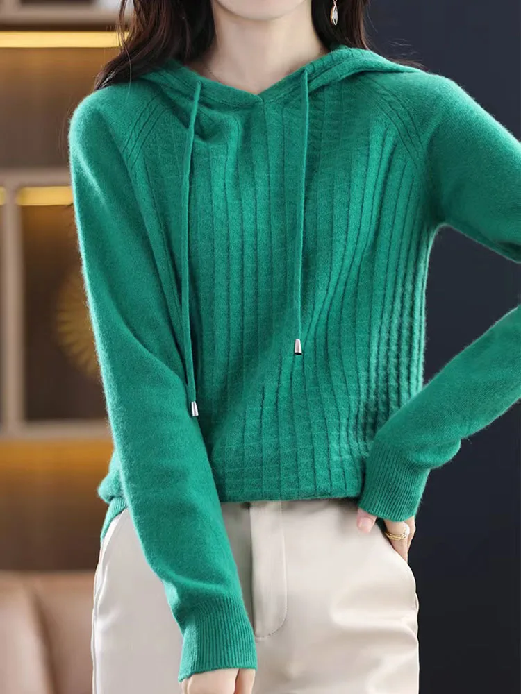 

Solid Hooded Knitted Sweater Women Green Pullovers Long Sleeve Top Loose Casual Knitwears Sweaters Autumn Winter Womens Clothing