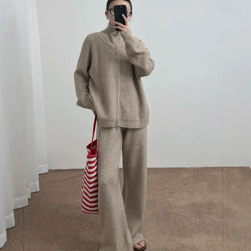 

Корейский модный вязаный комплект из двух предметов, женский свитер на молнии с длинными рукавами, кардиган, повседневные брюки, вязаные наряды, комплекты женских брюк