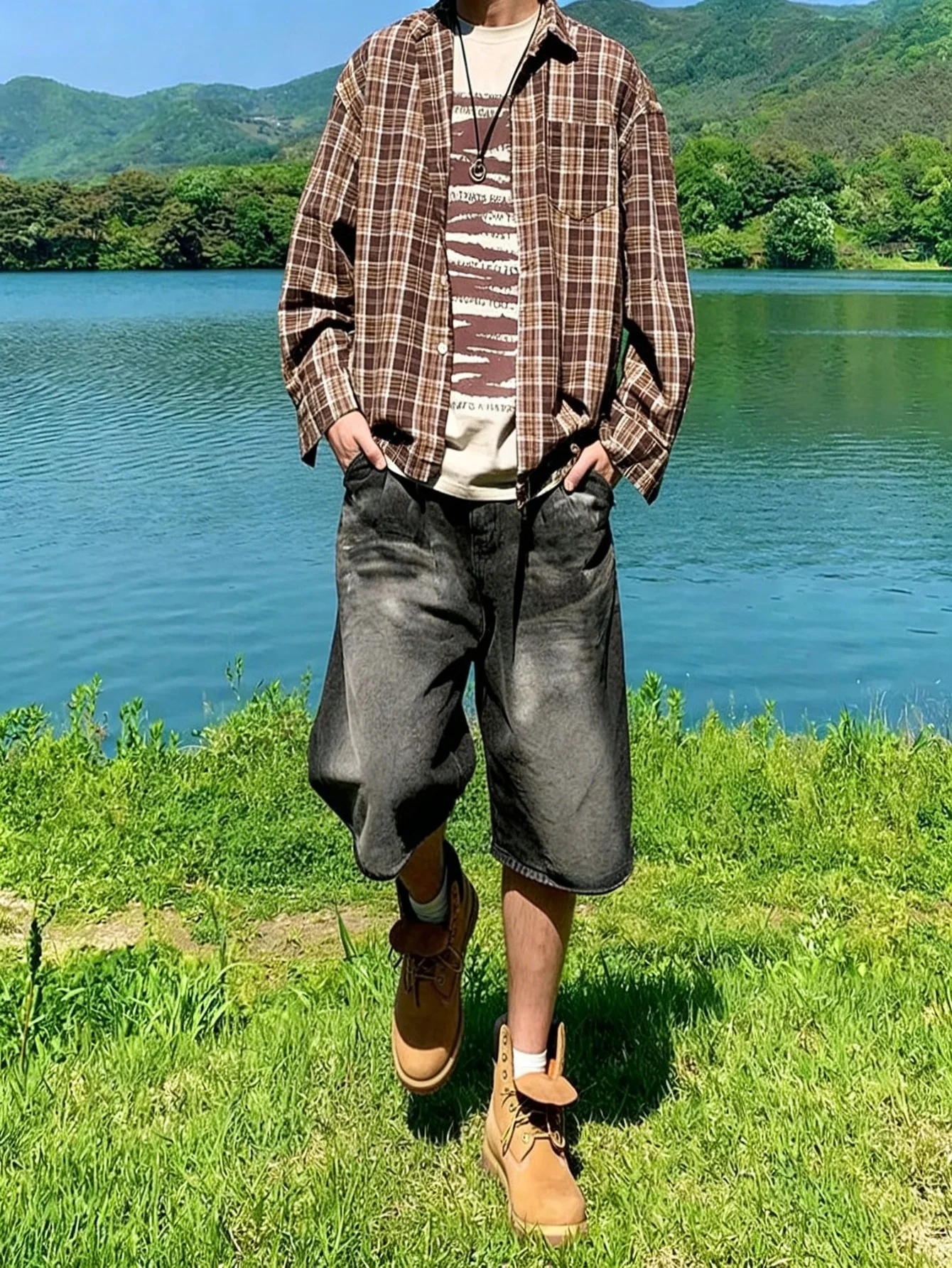 Men vintage black non stretch denim jorts loose casual solid color simple all match daily wear shorts