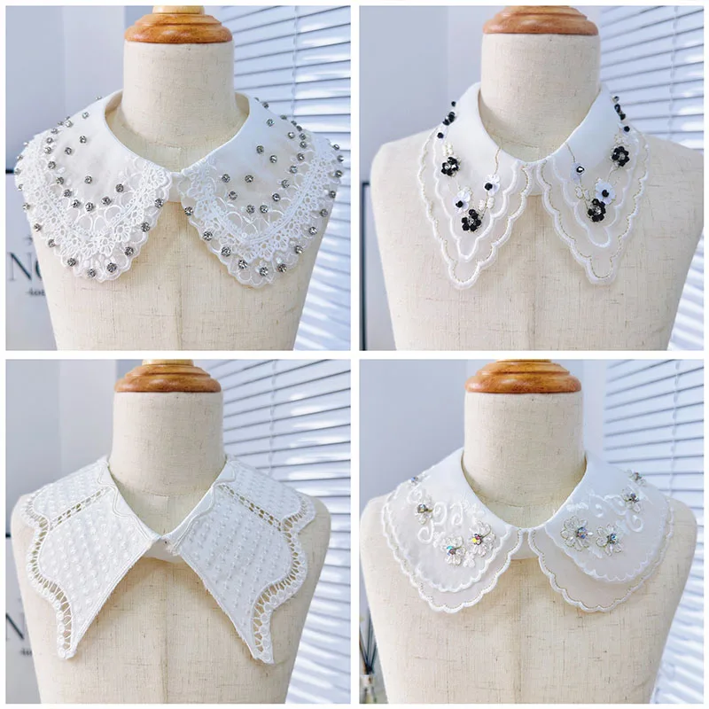 Beading Embroidery Fake Collar For Women White Lace Hollow False Detachable Collar Lapel Shirt Tie Necklace Clothes Accessory