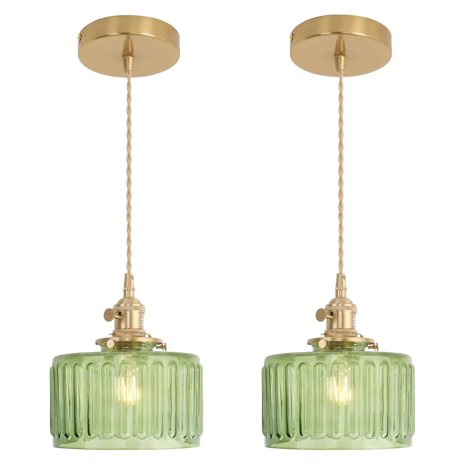 

Pendant Light 2 Pack with Green Striped Glass Lmapshade, Brass Vintage Pendant Light Adjustable Hanging Light