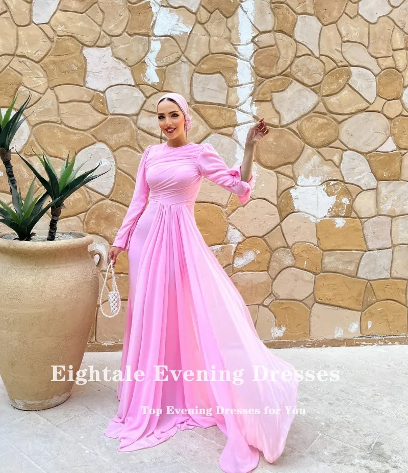 Eightale Arabisches Abendkleid mit O-Ausschnitt, maßgeschneidert, muslimisches Chiffon, lange Ärmel, Falten, Meerjungfrau, rosa Abschlussball, Hochzeit, Partykleid