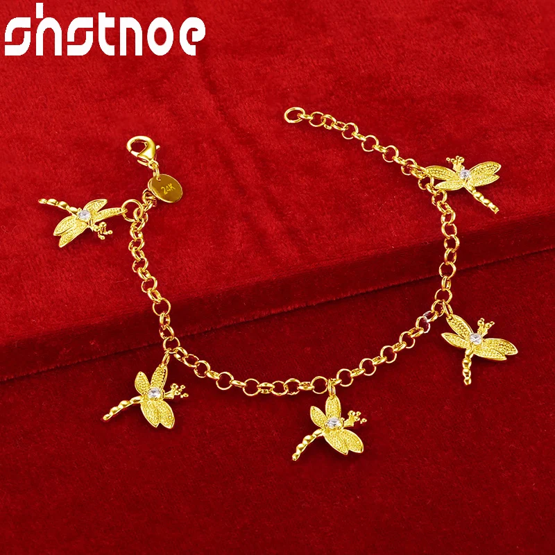 

SHSTONE 24K Gold Five Dragonfly Zircon Crystal Pendant Bracelets For Woman Party Wedding Engagement Christmas Charm Jewelry