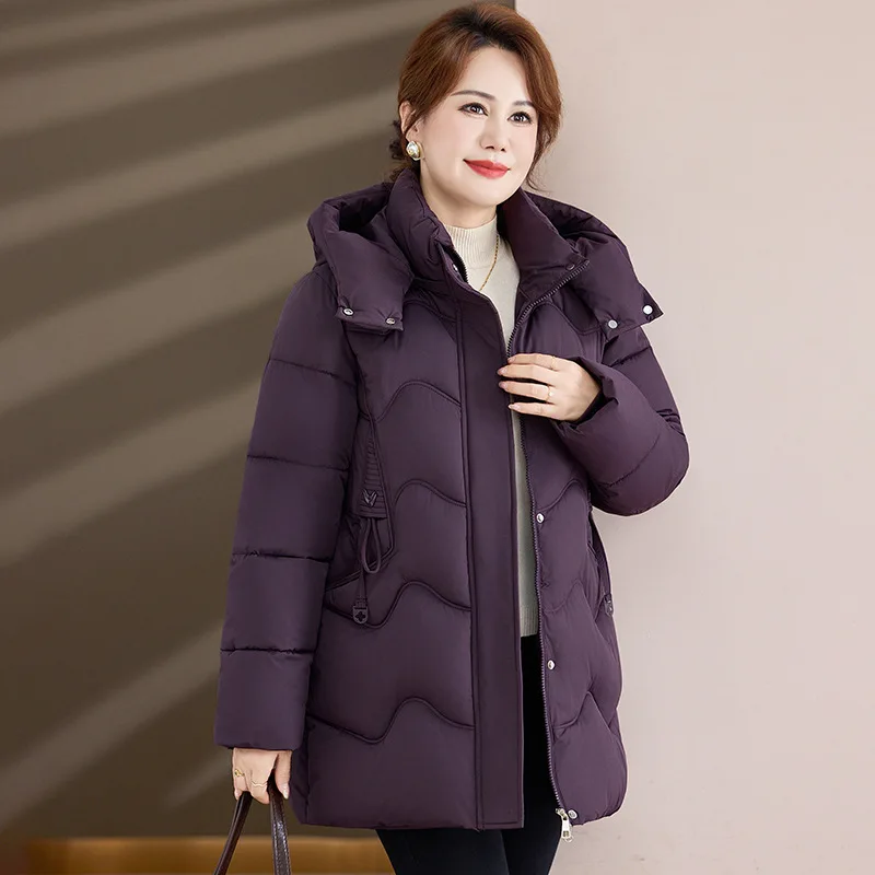 Elegant Wave Quilted Padded Coat Women Mid-Length Hooded Zip Up Snap Button Drawstring Side Thickened Thermal Windproof Winter