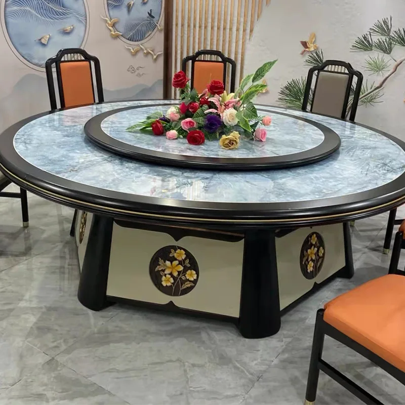ia-Factory Direct New Chinese Style Light Luxury Private Room Restaurant Electric Dining Table Solid Wood Marble Turntable-