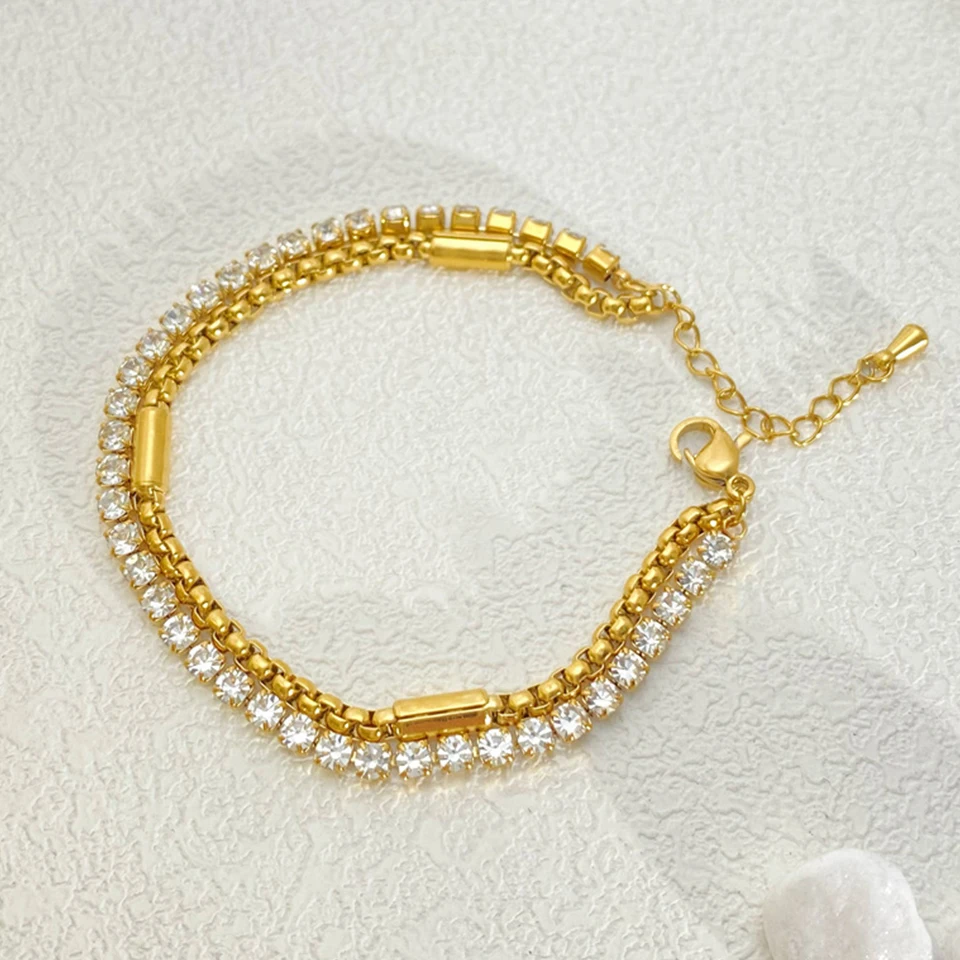 Yupsk 316L Stainless Steel Double Chain Bracelet Shiny Zircon Vintage Gold Color Charm Bracelets Women Party Jewelry Gift