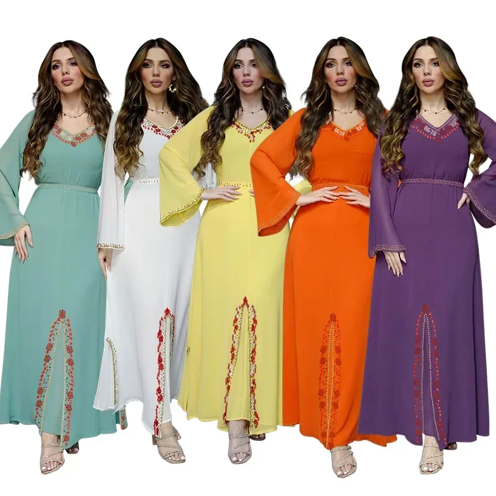 Chiffon Diamond Summer Dress Abaya for Women Loose Long Dress Muslim Dress Kaftan Women Dubai Abayas Long Sleeve Evening Dress