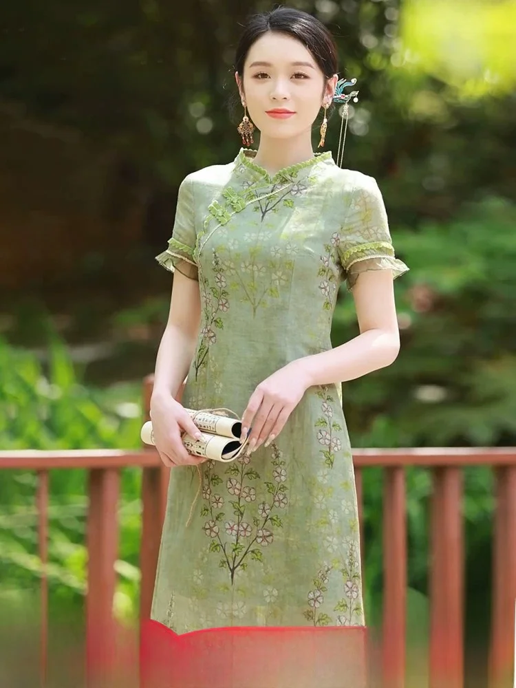 

Green Flag Robe Dress Revisited Version with Firework Ironing Chinese Style Improved Summer Fashion for Short Women