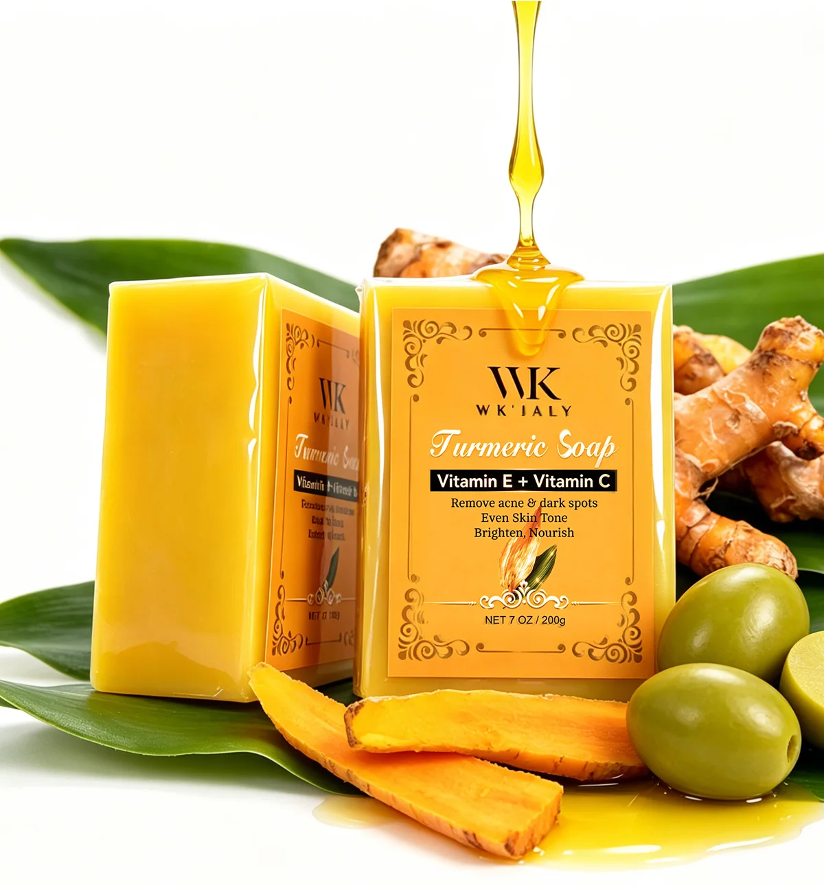 WK JALY Natural Turmeric Soap, Vitamin E + Vitamin C Body Wash, Remove Acne, Dark Spots, Even Skin Tone for Women, 200g/7oz