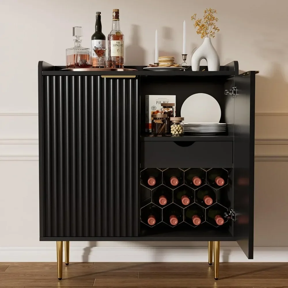 Mueble para cafetería con botellero y soporte para copas, mueble para licores con puertas estriadas, aparador moderno para buffet